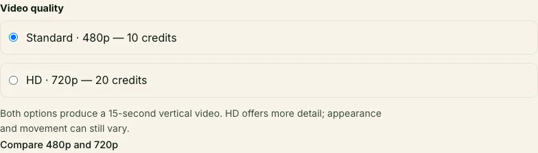 Choose 480p or 720p before generating