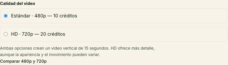 Elige 480p o 720p antes de generar