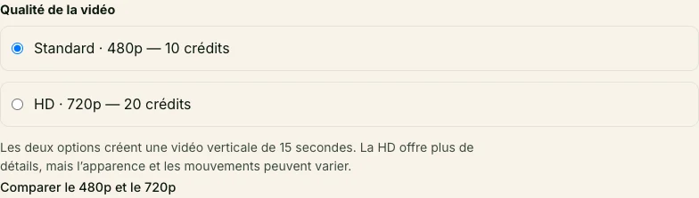 Choisir 480p ou 720p avant de générer