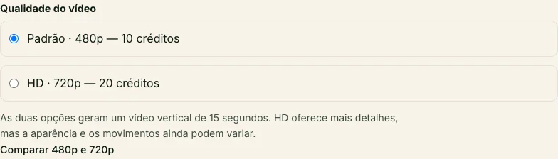 Escolha 480p ou 720p antes de gerar